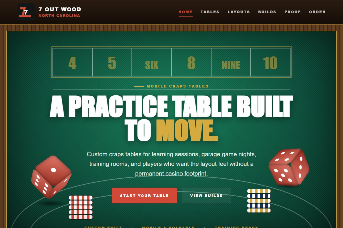 7 Out Wood NC Custom Craps Tables Website